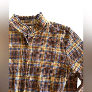 Elliot Lauren Ruffle Neck Plaid Button Up Top Womens Medium Gold